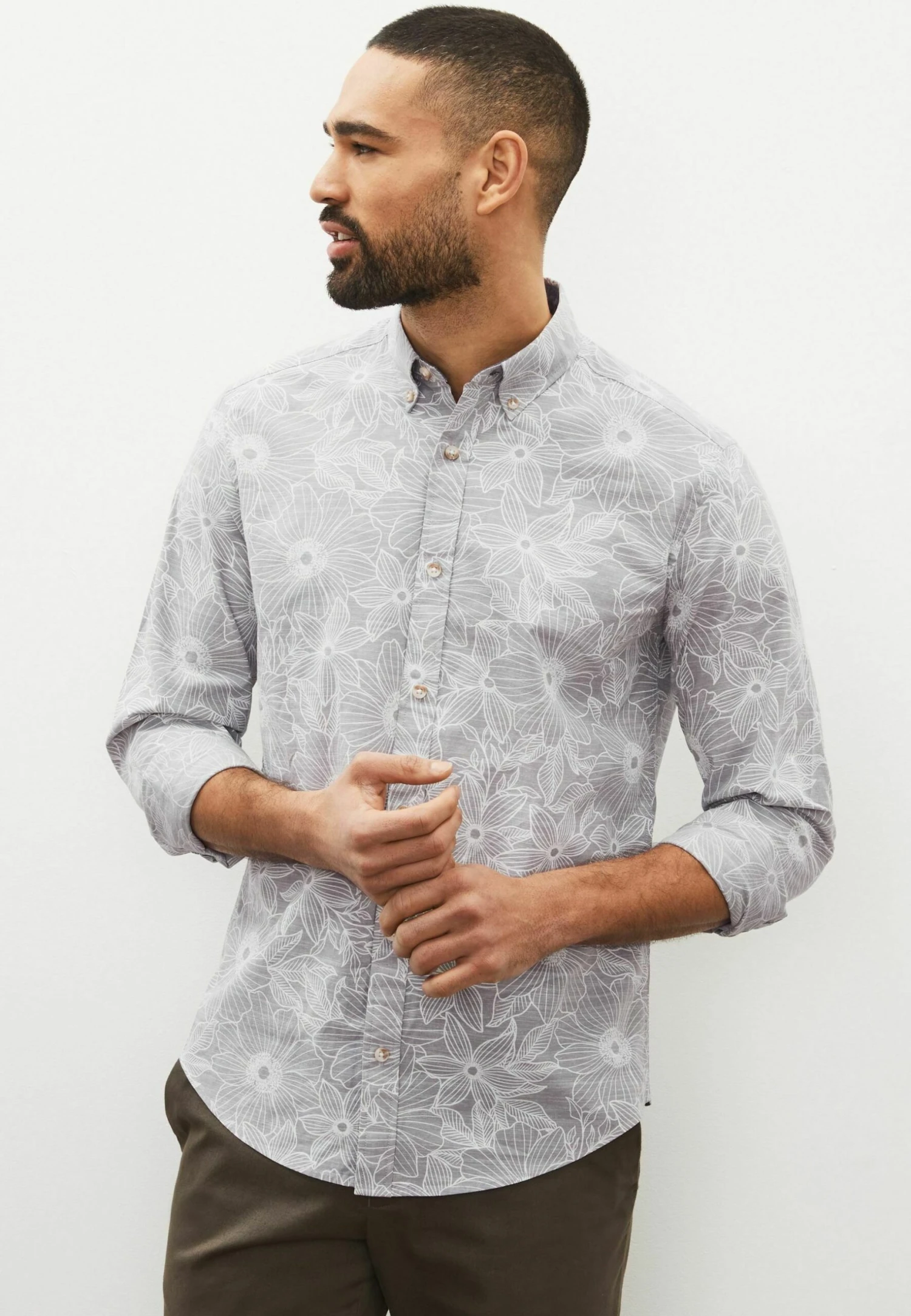 Next Roll Sleeve Printed Standard - Overhemd - Grey Floral