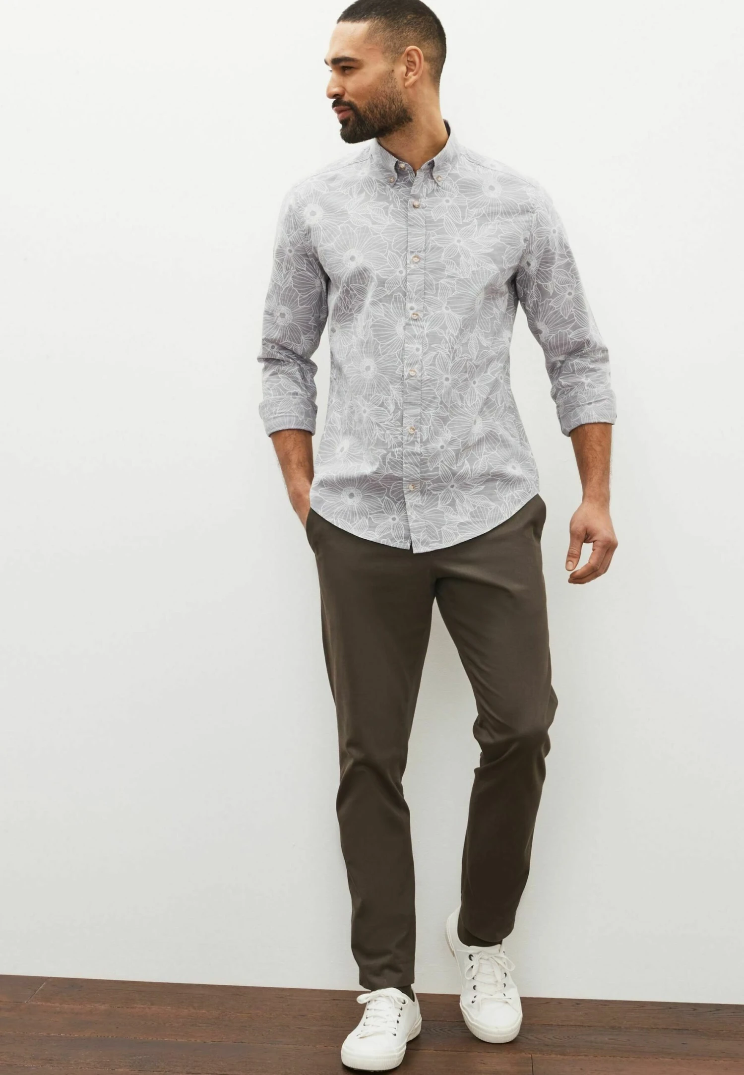 Next Roll Sleeve Printed Standard - Overhemd - Grey Floral - Afbeelding 4