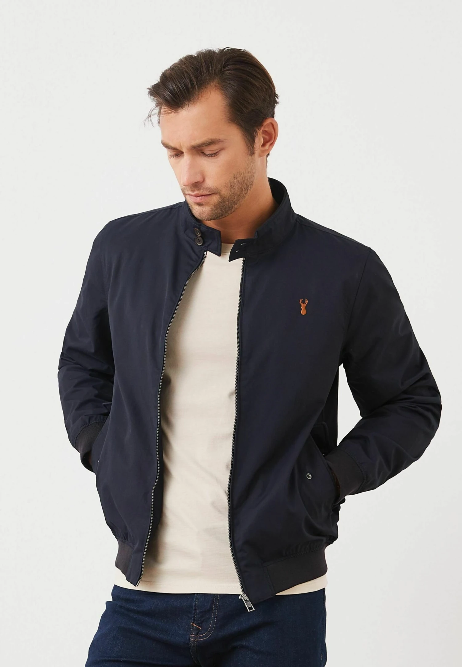 Next Shower Resistant Check Harrington- Jas - Navy Blue