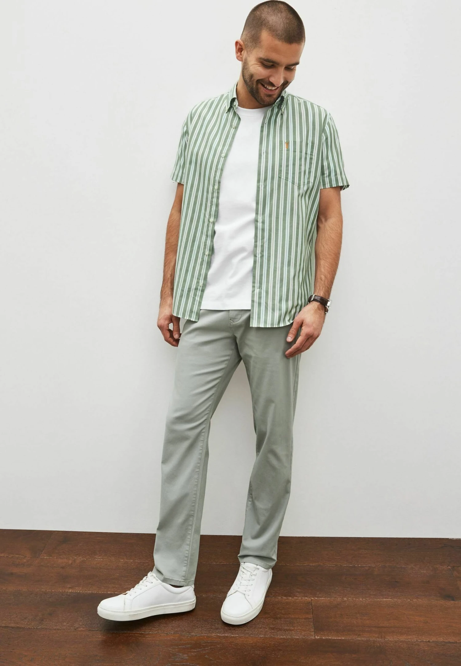 Next Easy Iron Button Down Oxford Short Sleeve - Overhemd - Green Stripe - Afbeelding 4