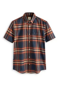 Next Stretch Oxford Check Short Sleeve Standard - Overhemd - Navy Blue Rust Orange