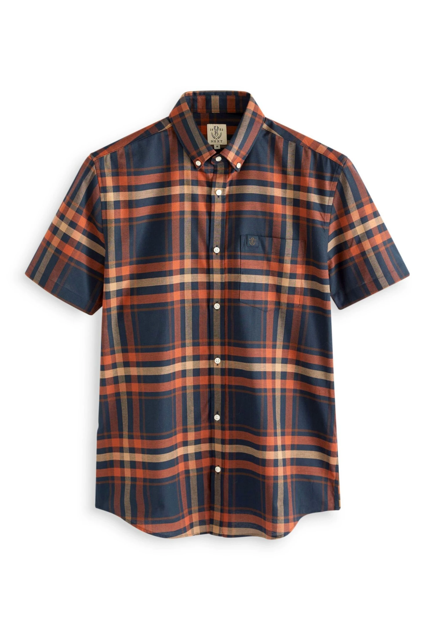 Next Stretch Oxford Check Short Sleeve Standard - Overhemd - Navy Blue Rust Orange