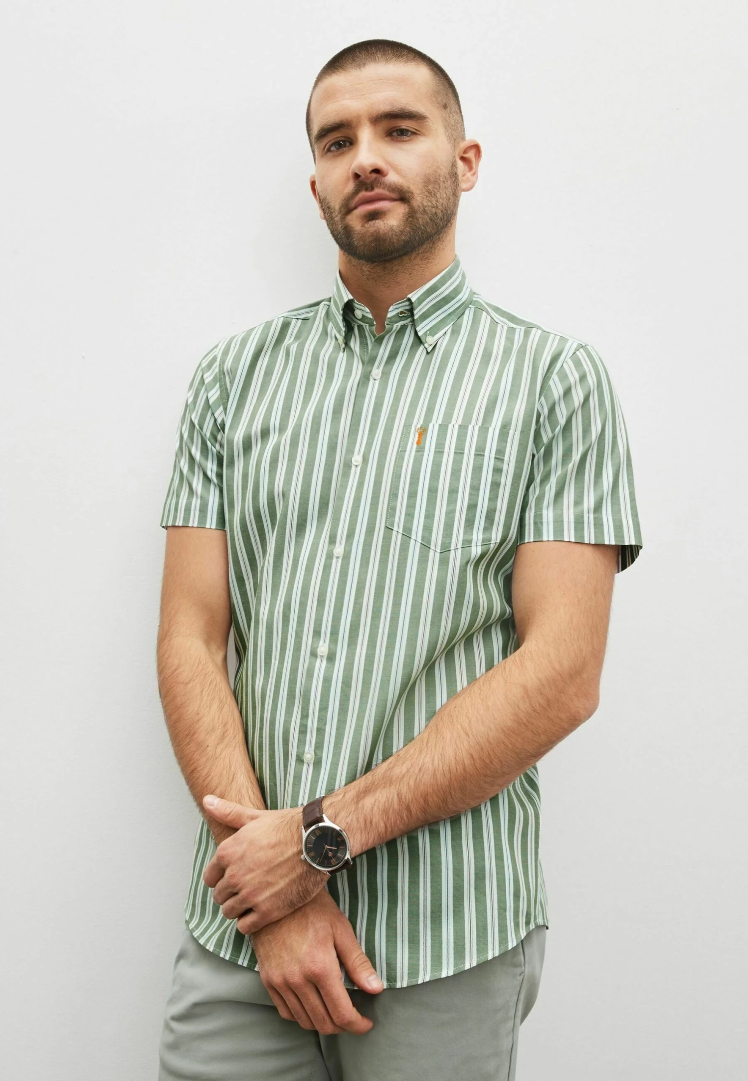 Next Easy Iron Button Down Oxford Short Sleeve - Overhemd - Green Stripe